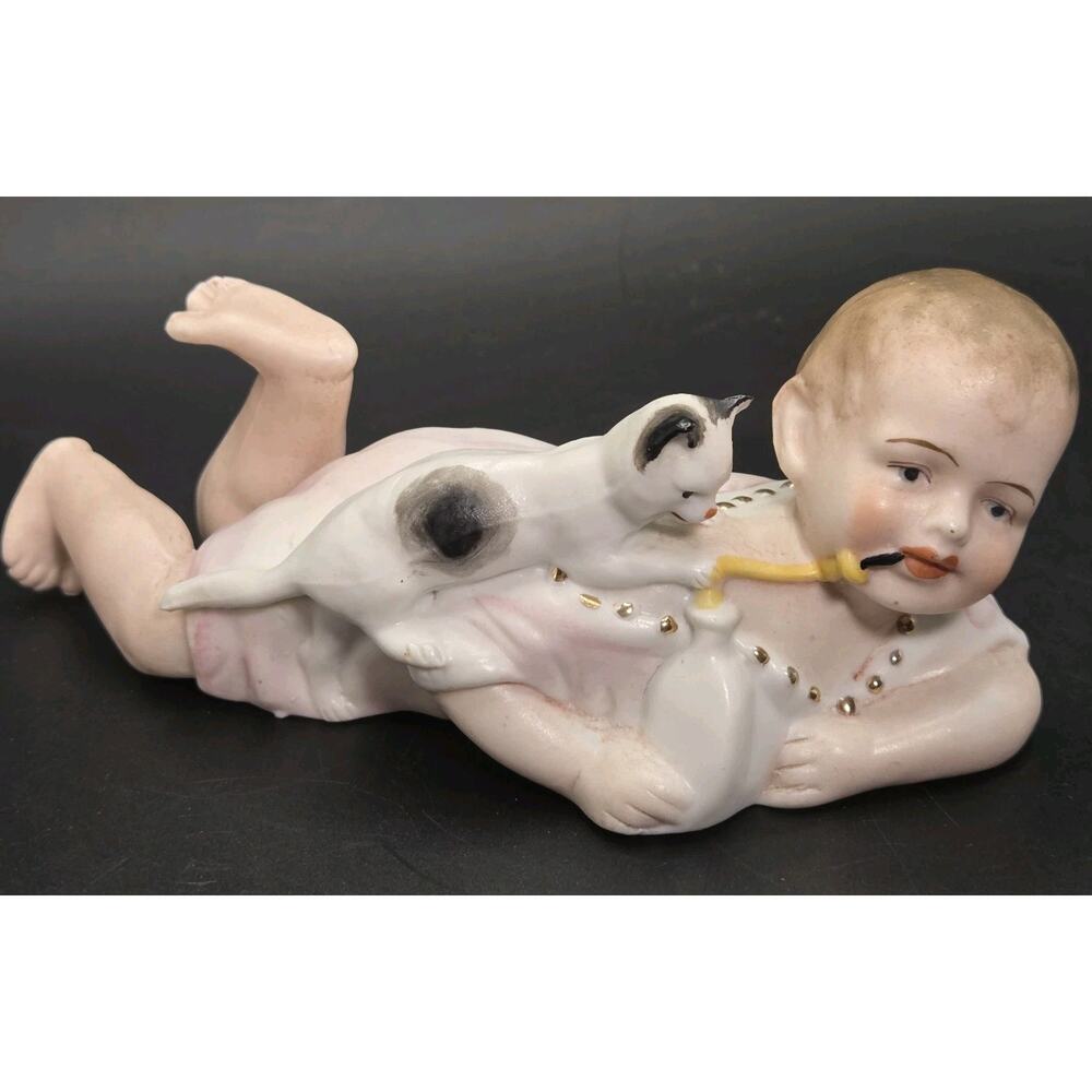 Antique German Bisque Piano Baby with Playful Kitten Victorian-era Baby Bottle